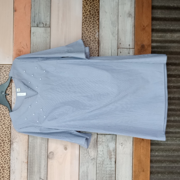 NWOT Tacera PL Blue and White Striped Dress w/ Faux Pearl Beading & Bell Sleeves - Picture 13 of 13